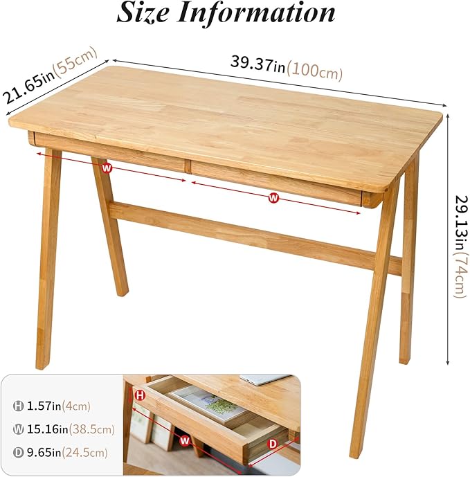 Computer Desk with Drawers Solid Wood Writing Desk Mid Century Modern Home Office Desks Oak Study Table Small Desk for Bedroom 29.1 H x 39.4 W x 21.7 D Inches Natural