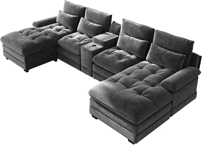 OUYESSIR 134 Oversized Grey Sectional Couches for Living RoomFluffy Couch with Chaise Lounge&ampTufted Buttons U Shaped Living Room Sofa Set FurnitureChenille 6 Seater Couch with Storage Console