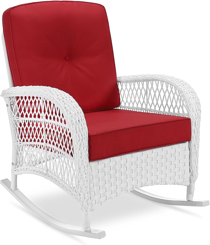 VIVIJASON Outdoor Wicker Rocking Chair Patio Rattan Rocker Chair with Cushions &amp Steel Frame All-Weather Rocking Lawn Rattan Furniture for Garden Backyard Porch (White Wicker/Red)