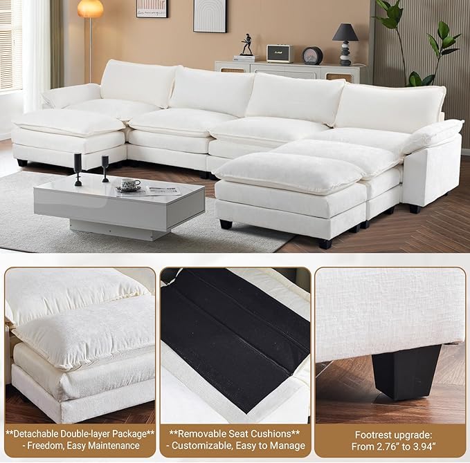 VINGLI 157 Cloud White/Cream Convertible Sectional Sofa Comfy U-Shape Extra Deep Seat Sofa Couch for Living RoomModern Chenille 4-Seat Convertible Sofa with 3 Movable Ottomans for Small Space