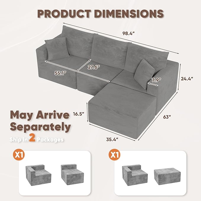 JUMMICO Boneless Couch with Deep Seat and Ottoman Modular Sectional Sofa with Body Support Corduroy Couches for Living Room Apartments Bedroom No Assembly Required (Gray L-Shaped)