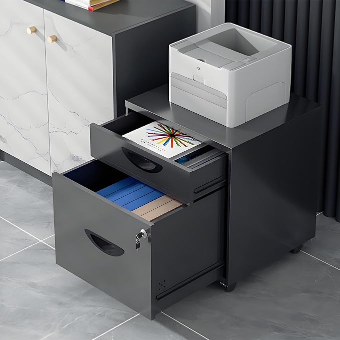 2 Drawer Under Desk File Cabinet Mobile File Cabinet with Lock Rolling Metal Pedestal Cabinet for Home Office Fits A4/Letter Size Files (Fully Assembled - Black)