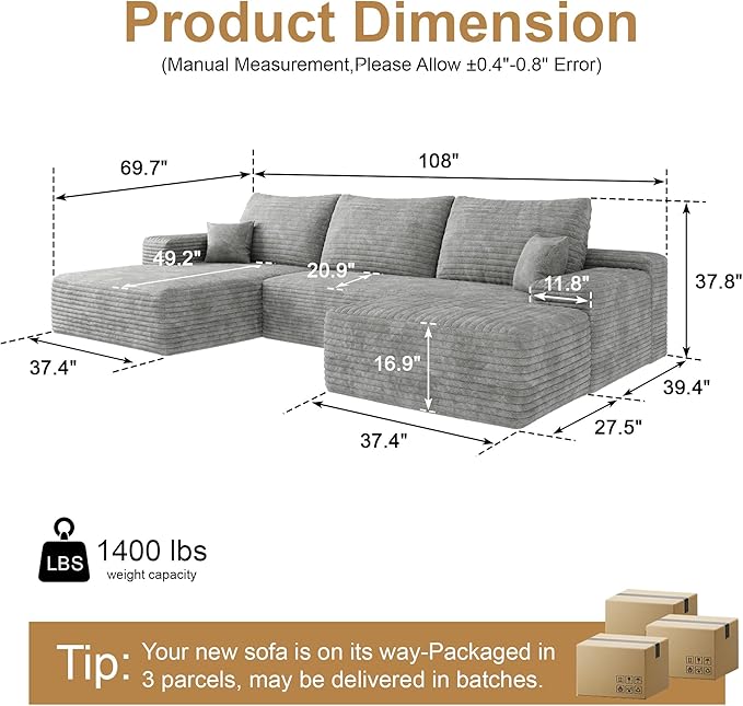 108 Sectional Couches for Living Room Modern Modular Sofa with L-Shape Couchs Upholstered Boneless Couch Deep Seat Sectional Couch with Chaise (Grey Left Facing Chaise+2Seaters+1Ottoman)
