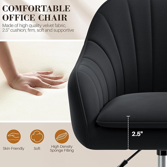 Vanity Chair with Wheels Comfy Home Office Desk Chairs Adjustable Modern Velvet Makeup Vanity Chairs for Bedroom Living Room-Black