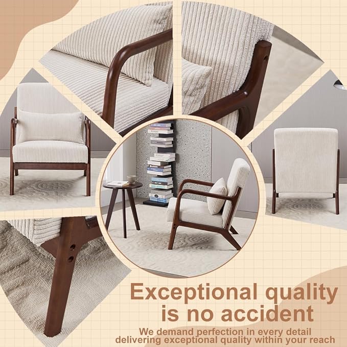 Mid Century Modern Accent Chair with Side Table Upholstered Corduroy Armchair with Lumbar Pillow Solid Rubberwood Frame for Living Room Bedroom Reading Nook White/Walnut