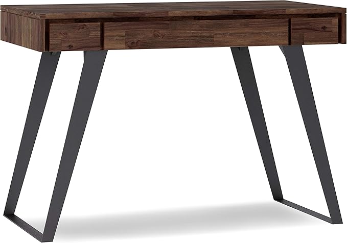 SIMPLIHOME Lowry Small Desk - 44 Inch Wide Solid Acacia Wood and Metal Writing Desk in Distressed Charcoal Brown Modern Industrial Home Office Table with 2 Drawers and Flip-Down Keyboard Tray