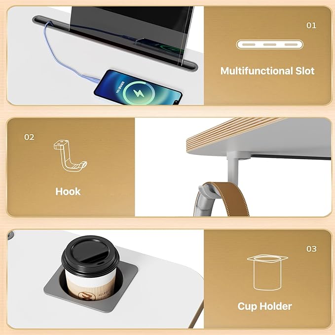Mobile Standing Desk Rolling Laptop Cart Adjustable Height with Cup Holder 28 inch Portable Table with 4 Lockable Wheels White Computer Workstation with Hook and Slots for Home Office