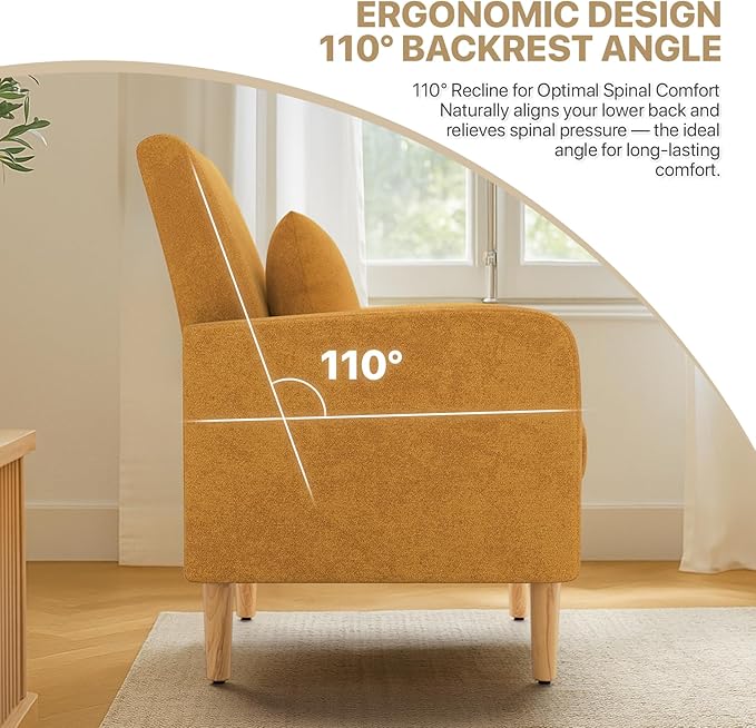 MoNiBloom Accent Chair with Back Pillow Upholstered Club Arm Chair Modern Living Room Chair with Wooden Legs for Bedroom Corner Living Room Reading Nook Yellow