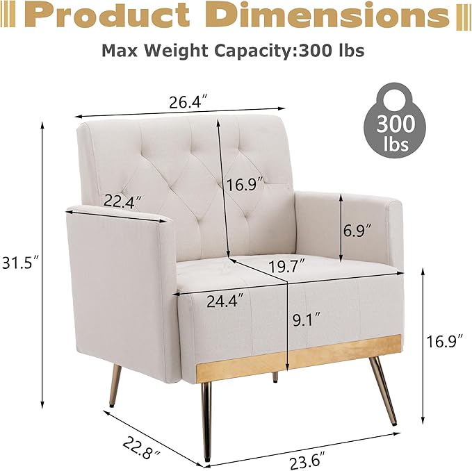 Linen Accent Chair Modern Upholstered Living Room ChairComfy Single Sofa with Button Tufted Back and Golden Metal Legs for Reading Bedroom Waiting Room Beige