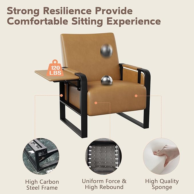 Andeworld Modern Accent Chair Mid Century Living Room Armchair Upholstered PU Sofa Side Chair with Side Table for ReadingWorkingOfficeApartmentBrown