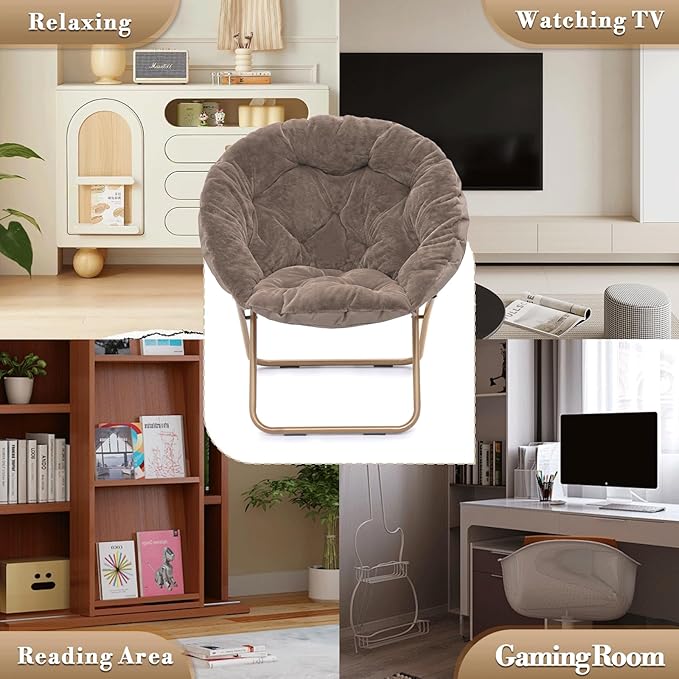 Athena Collection Round Saucer Chair with Ottoman Set for Adults Oversize Comfy Cozy Faux Fur Folding Reading Chair with Metal Leg Lazy Relaxing for Living Room Bedroom Dorm Apartment Beige