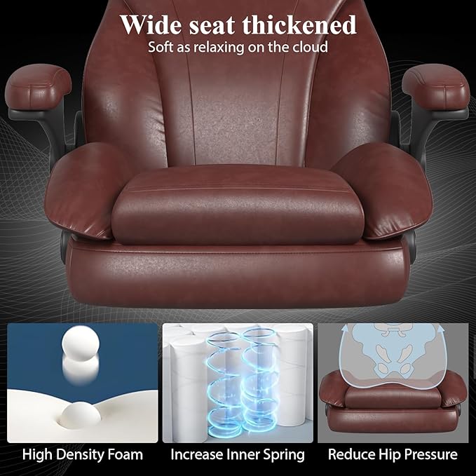 Office Desk Chair Executive Leather Office Chair High Back Ergonomic Home Desk Chair with Padded Flip-up Arms Big and Tall Computer Chair with Rocking Function 360°Swivel Free Brown