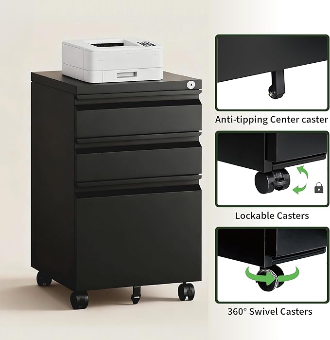 3 Drawer File Cabinet with LockRolling Mobile File Cabinet with Wheels for Home OfficeUnder Desk Metal Filing CabinetOffice Storage OrganizerFully AssembledBlack