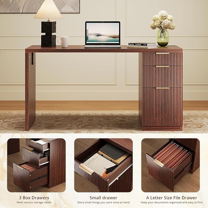 FURSUN 58 Modern Executive Desk with Storage Home Office Desk with Drawer &amp Cabinet Wooden Fluted Desk for Study Living Room Bedroom Dark Walnut