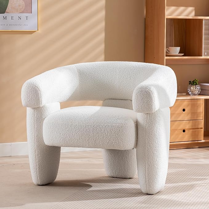 Mid Century Modern Accent Barrel Chair Comfy Upholstered Round Armchair with Montage Design Sherpa Boucle Lounge Chair for Living Room Bedroom Apartment Cream White