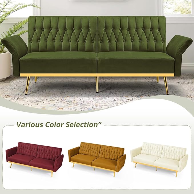 2 Pieces Velvet Sofa Set with Adjustable Armrest and Backrest 70” Convertible Futon Sofa Bed &amp Mordern Accent Chair with Ottoman for Living Room Bedroom Olive Green