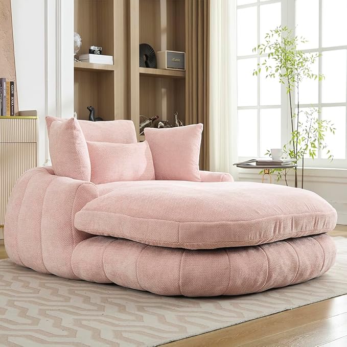 Oversized Chaise Lounge Indoor Deep Seat Boneless Sofa Bed with Throw Pillows Plush Chenille Fabric No Assembly Required Comfy Sleeper Sofa for Living Room Bedroom (PINK Without pocket)