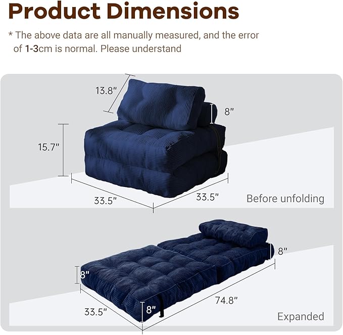 Folding Sofa Bed Convertible Floor Sleeper Chair Comfy Futon Floor Couch 2 in 1 Pull Out Single Boneless Sofa for Living Room Bedroom No Assembly (Corduroy Blue A)