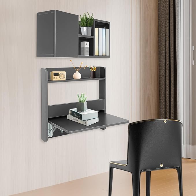 Floating Desk 36’’H Wall Mounted Desk Solid Wood Fold Down Laptop Desk with Foldable Tabletop Folding Table Workstation with Storage Shelves&ampDoor(Grey)