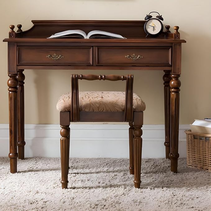 RUNNUP Mid-Century Desk with 2 Drawers 47.2 Wide Home Office Desk Workstation Solid Wood Computer Writing Study Desk for Small Space Bedroom Living Room Makeup Vanity Console Table