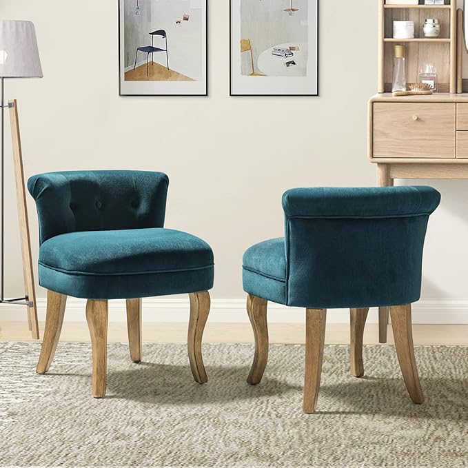 HULALA HOME Velvet Vanity Chairs with Low Back Modern Small Vanity Stool with Solid Wood Legs Upholstered Tufted Makeup Chair for Bedroom Living Room Dressing Women Girls Set of 2 Teal