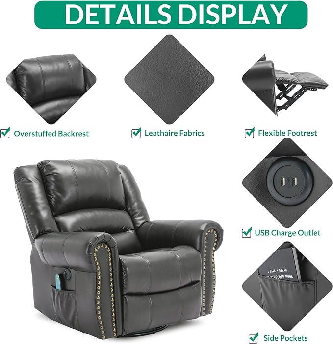 VIVIJASON Massage Swivel Rocker Recliner Chair with Heat &amp Vibration 360° Swivel Manual Glider Rocking Reclining Chair with Remote Control Side Pockets &amp USB Ports for Living Room Gray