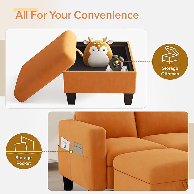 ZeeFu Convertible Sectional Sofa CouchClassic 3 Seat L-Shaped Sofa Set with Movable Ottoman Modern Orange Velvet Upholstered Small Sectional Sofa Couch for Small Space Apartment Living Room Office