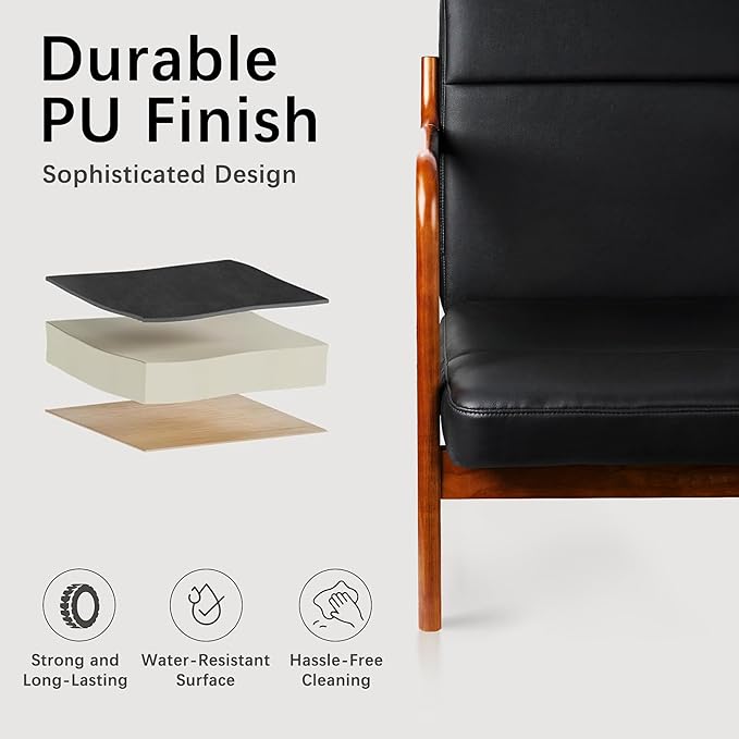 VECELO Mid-Century Modern Accent Chair with Faux Leather Cushion &amp Solid Wood Frame Lounge Armchair for Living Room Bedroom Office Black