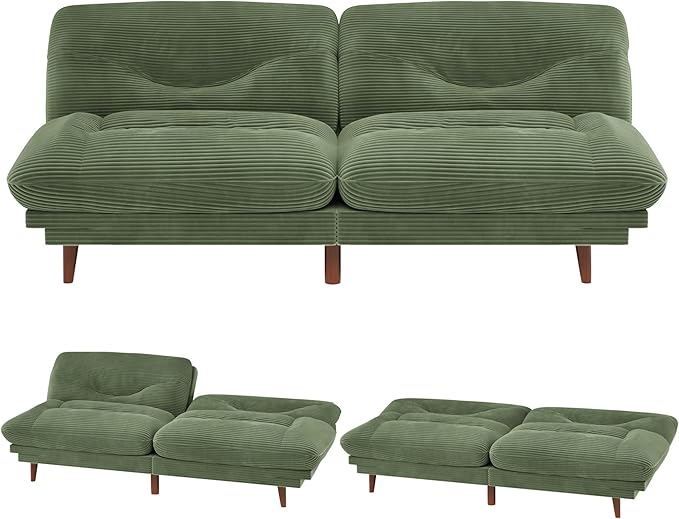 JUMMICO Convertible Futon Sofa Bed Sleeper Futon Couch with Adjustable Backrest and Armrests Modern Loveseat with Sturdy Wood Frame for Small Spaces Apartments (Corduroy Green)