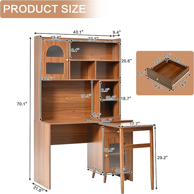 L Shaped Home Office Desks with 90° Rotating Retractable Desktop Glass Door Hutch Drawers Bookshelf &amp Storage Shelves 43 Modern Gaming Computer Corner Table for Work Study Writing Walnut