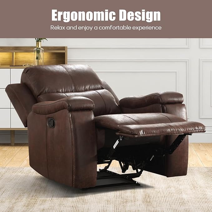 Brown Recliner Chair Single Overstuffed Sofa Recliners Breathable Faux Leather Manual Reclining Chairs with Hidden Cup Holder Arm and Back for Adults Living Room Bedroom Dark Brown