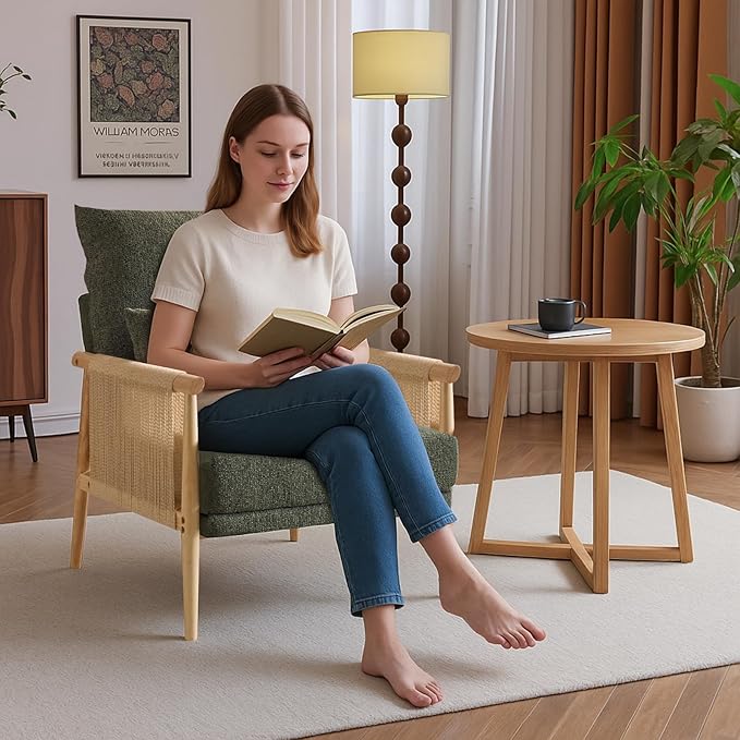 Karl home Cozy Chenille Accent Chair with Lumbar Pillow &amp Rattan Arms Modern Lounge Chair for Living Room Bedroom Reading Nook Green