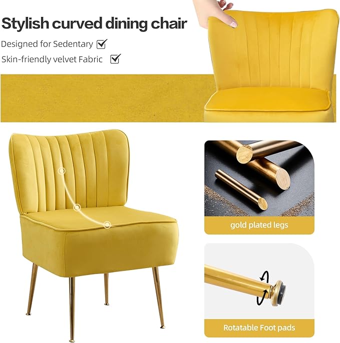 Velvet Accent Chairs Set of 6Modern Armless Living Room ChairsUpholstered Wingback Sliper Chair Single Sofa Chair with Golden LegsSmall Corner Chair for BedroomGuest RoomYellow