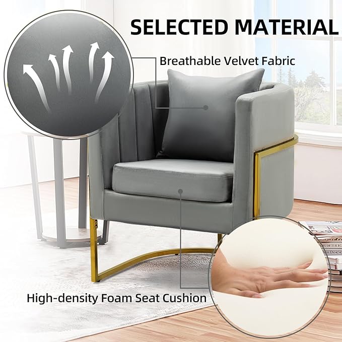 X-VOLSPORT Velvet Accent Barrel Chairs Set of 2 Modern Arm Club Chair Set with Pillow for Living Room/Bedroom/Guest Reception Channel Tufted Gold Finish Base Grey