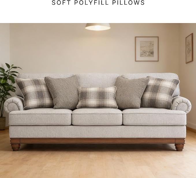 Signature Design by Ashley Meadowview Classic Upholstered Sofa with Reversible Seat Cushions 5 Accent Pillows and Rolled Armrest Light Gray