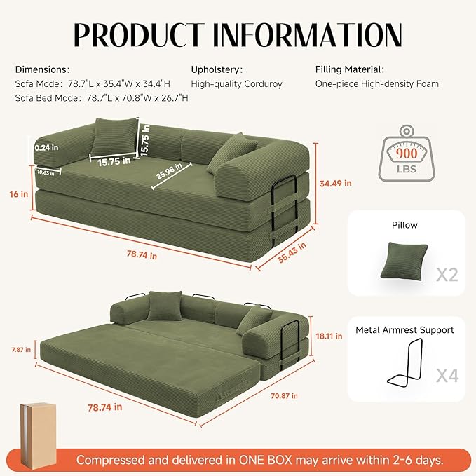 79 Corduroy Sofa Bed Boneless Couch in a Box with 2 Pillows High-Density Foam 4-in-1 Foldable Sleeper Futon Loveseat for Small Spaces No Assembly Side Pockets Green