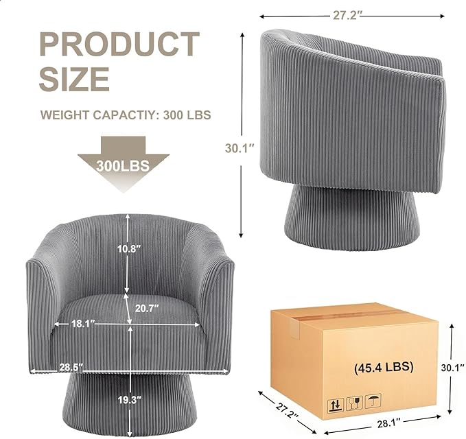 Swivel Accent Chair Modern 360° Barrel Chair Corduroy Upholstered Single Sofa for Living Room Bedroom(Gray)