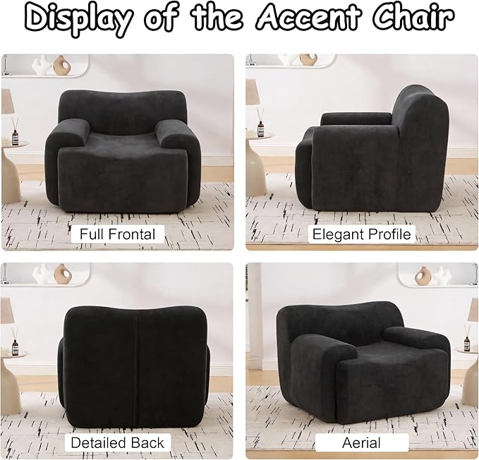 Boneless Chair 42 W Oversized Single Sofa Chair for Living Room Chenille Cloud Comfy Chairs Foam Couch Armchair for Bedroom Apartment Office. Reading No Assembly(Black)