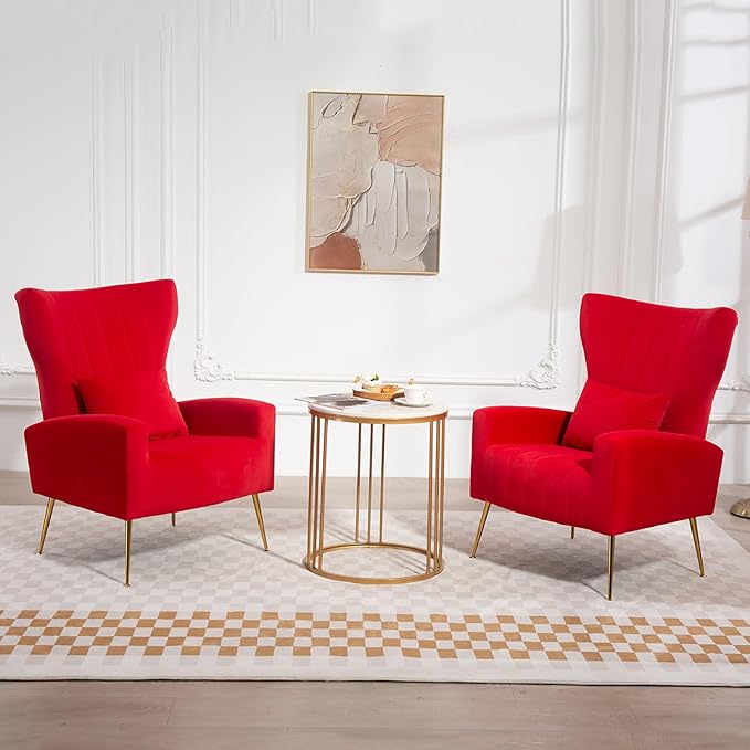 X-VOLSPORT Velvet Accent Chair Mid Century Modern Wing Back Living Room Chair with Waist Pillow Upholstered Arm Chair with Metal Gold Legs for Bedroom Club Rose Red
