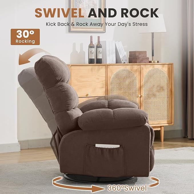 Swivel Rocker Recliner Chair for Adults 360° Upholstered Manual Recliners for Small Spaces Single Seat Glider Reclining Chair with Side Pockets Ergonomic Reading Chair for Living Room RV Bedroom
