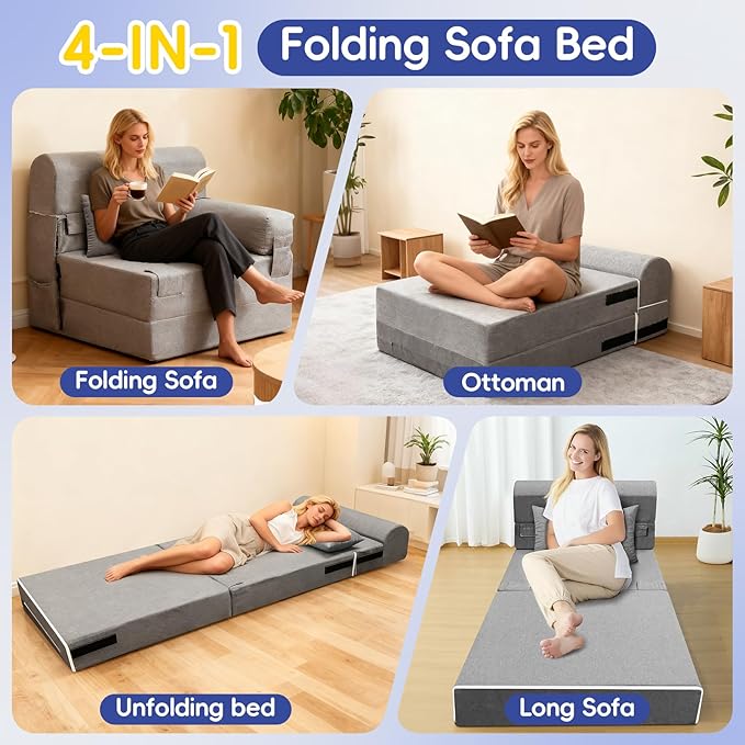 Convertible Folding Sofa Bed-Sleeper Chair with Pillow and Armrest Modern Linen Fabric Floor &amp Futon Sofa Bed Foldable Memory Foam Couch for Living Room/Home Office Single Size Light Gray