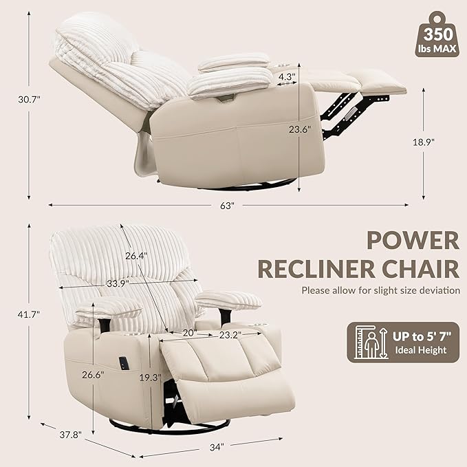 GRAINELL Swivel Rocker Recliner Chair with Massage and Heat USB Charging Port Infinite Position Power Recliner Electric Glider Rocking Chairs for Living Room Nursery (Lvory)