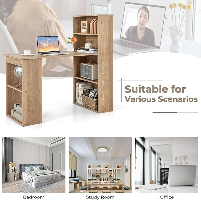 LDAILY Computer Desk with Bookshelf 48” Modern Office Desk w/ 6-Tier Storage Shelves CPU Stand Wider Base 3-in-1 Reversible Study Table Writing Desk for Home Office Bedroom Study Room (Natural)