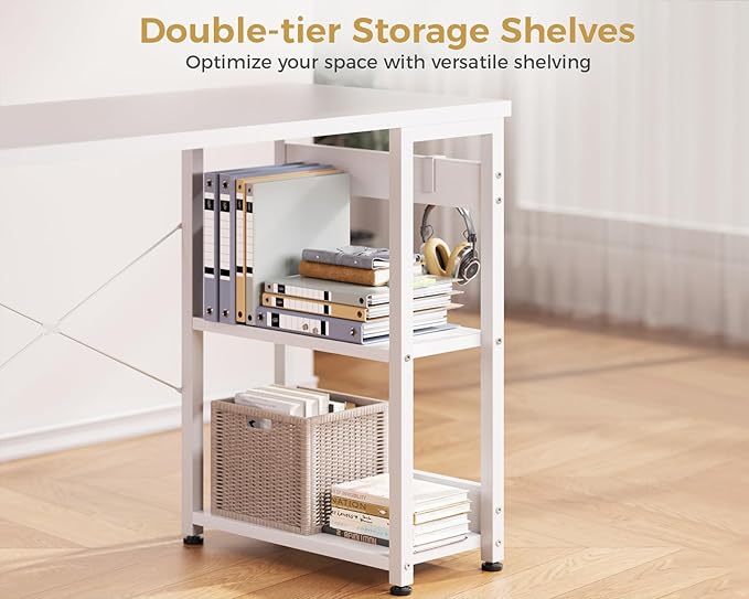 ODK 40 Inch Small White Computer Desk with 4 Fabric Drawers Modern Office Desk for Home Office Gaming with Storage Shelves Study White