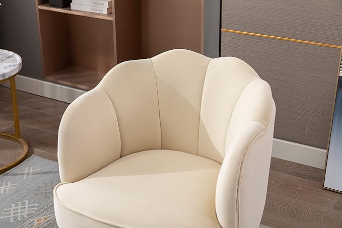 Shell Shape Velvet Fabric Armchair Accent Chair with Gold Legs for Living Room BedroomCreme White