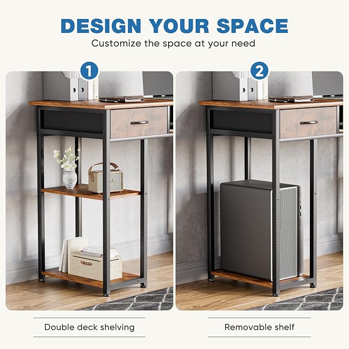 OLIXIS Computer Desk with 3 Drawers Study Writing Table with Storage Bag Headphone Hook Adjustable Feet for Home Office Small Spaces