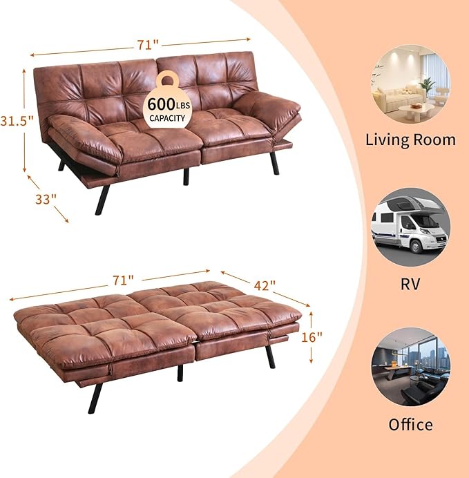 MUUEGM Futon Sofa Bed 71 Walnut Convertible Memory Foam Futon Couch Bed Modern Loveseat Sleeper with Adjustable Backrests Armrests for Living RoomSmall SpaceOffice