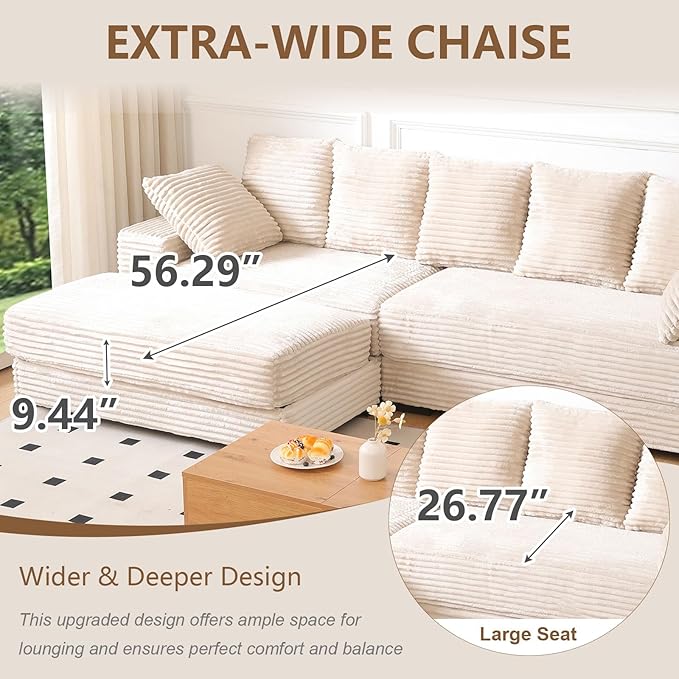 Sectional Sofa with Storage Ottoman Modern Cloud Couch with Deep Seat Modular Sectional Couches for Living Room Apartment Office Beige