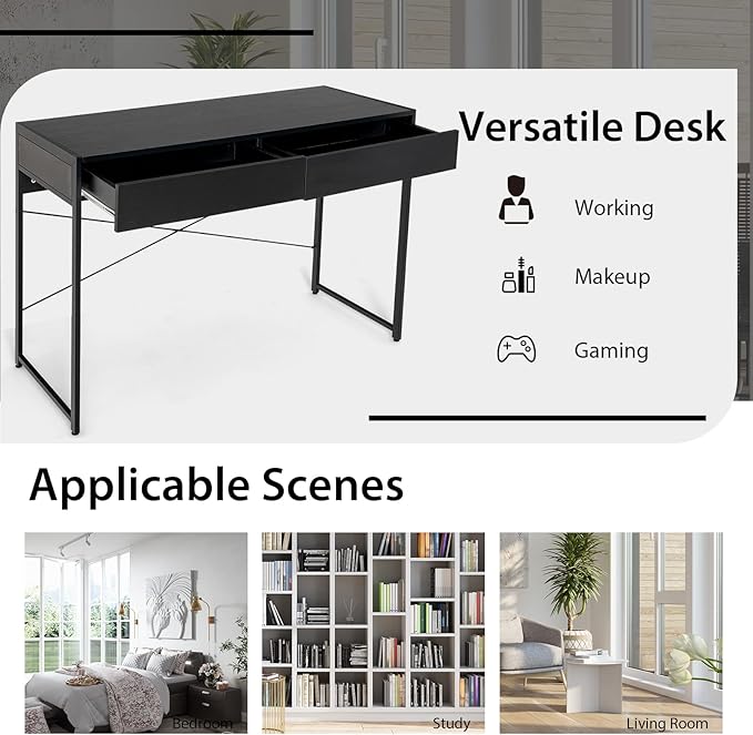 Tangkula Computer Desk with 2 Drawers Simple Wooden Study Writing Desk with Steel Frame 44 Inches Laptop PC Workstation Student Desk Home Office Desk Ideal for Bedroom &amp Office (Black)