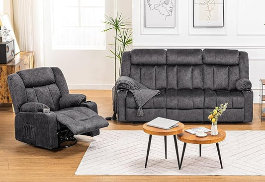 COMHOMA Manual Recliner Chair SetFabric Reclining Sofa Chair with Cup Holders Upholstered Recliner with Side Pockets Suitable for Living Room Furniture (3+1)